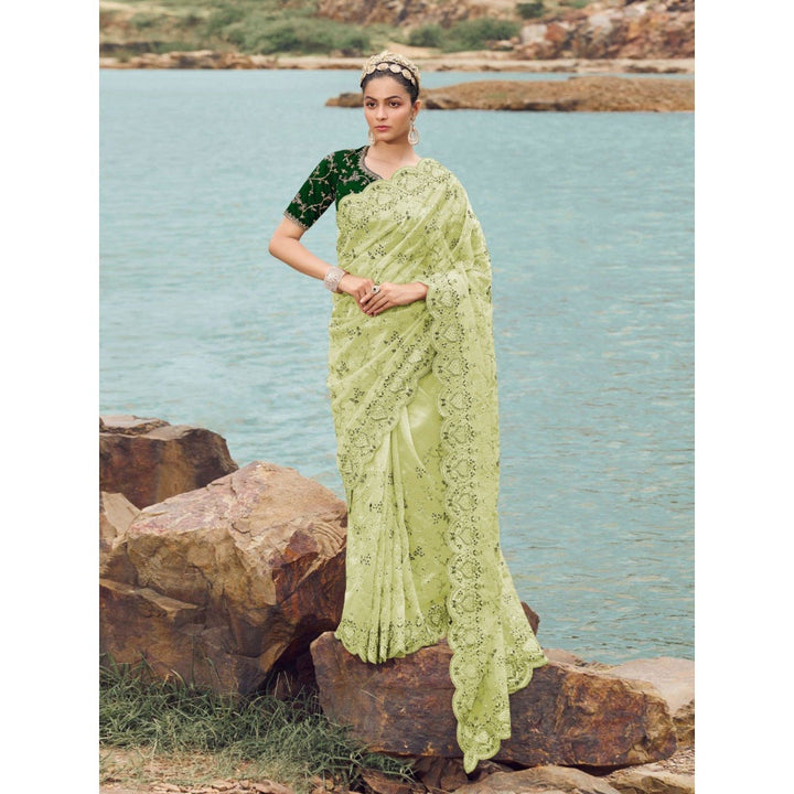 Odette Light Green Embroidered Net Saree for Women with Unstitched Blouse