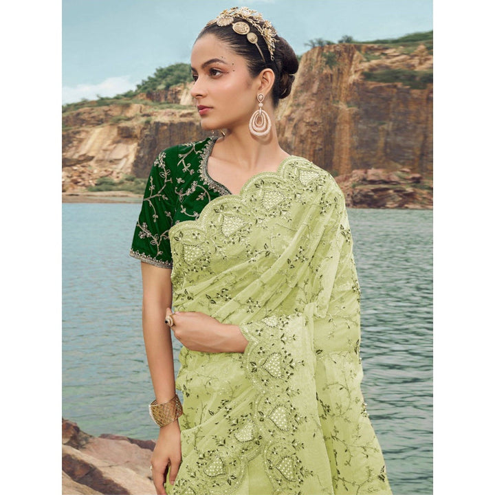 Odette Light Green Embroidered Net Saree for Women with Unstitched Blouse