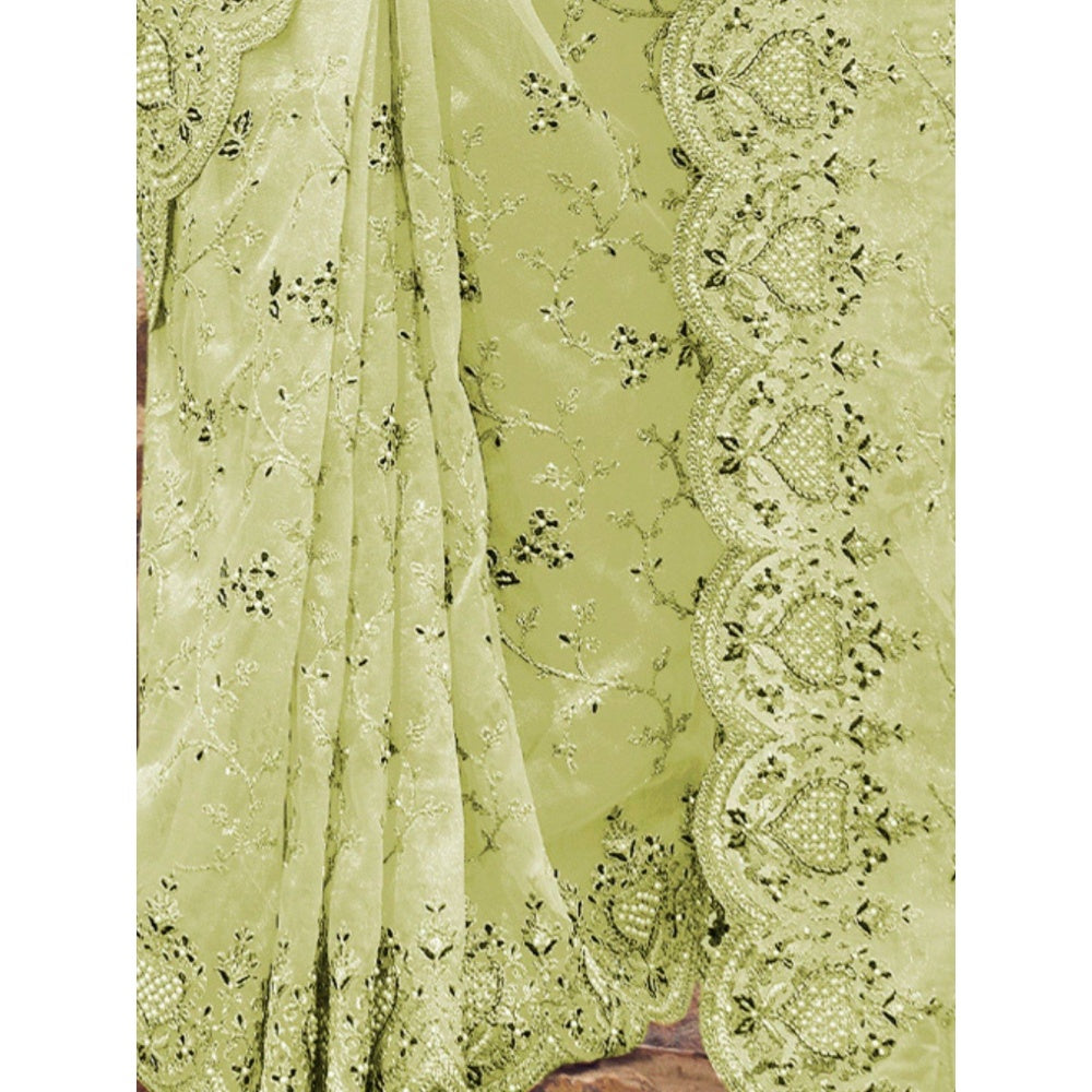 Odette Light Green Embroidered Net Saree for Women with Unstitched Blouse