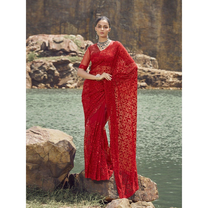 Odette Red Embroidered Net Saree for Women with Unstitched Blouse