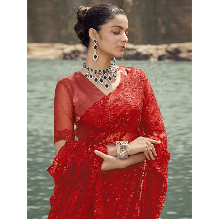 Odette Red Embroidered Net Saree for Women with Unstitched Blouse