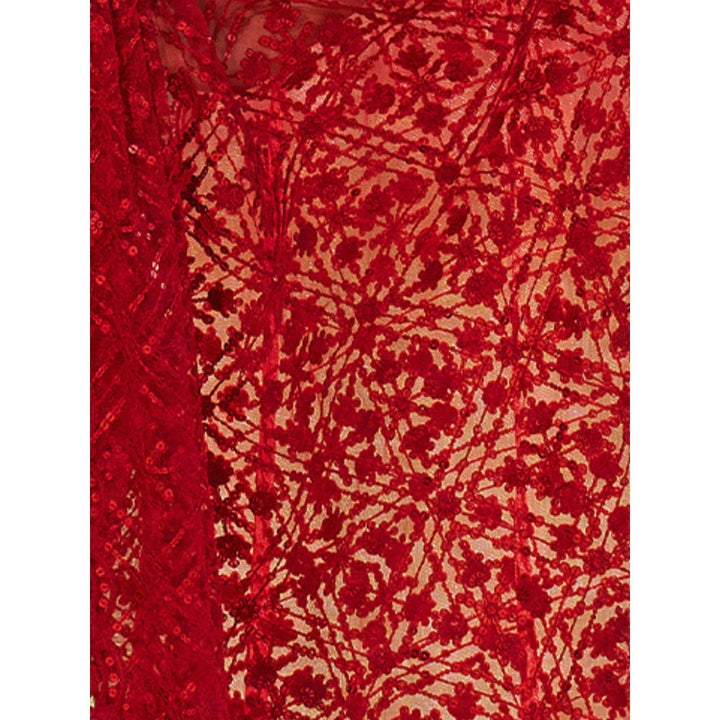 Odette Red Embroidered Net Saree for Women with Unstitched Blouse