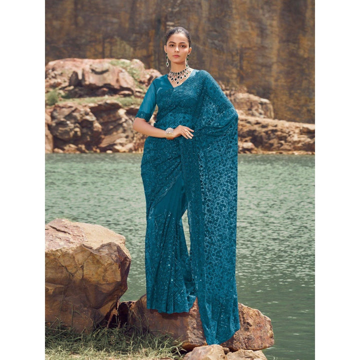 Odette Teal Embroidered Net Saree for Women with Unstitched Blouse