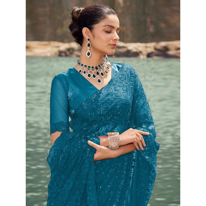 Odette Teal Embroidered Net Saree for Women with Unstitched Blouse