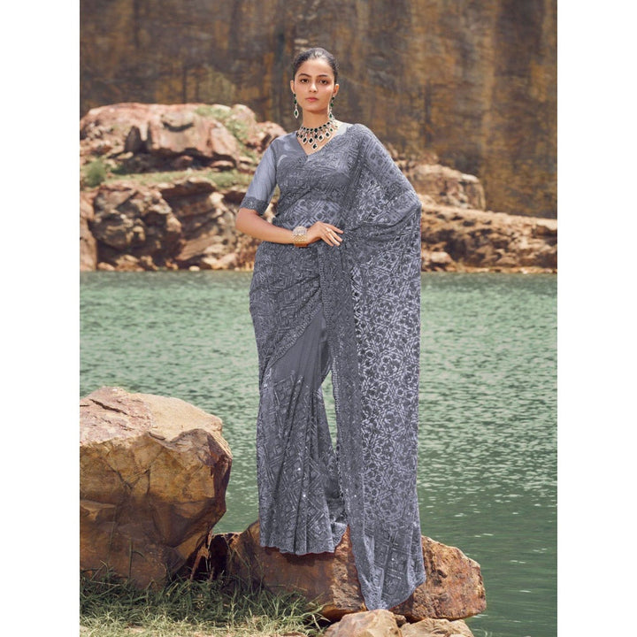 Odette Grey Embroidered Net Saree for Women with Unstitched Blouse