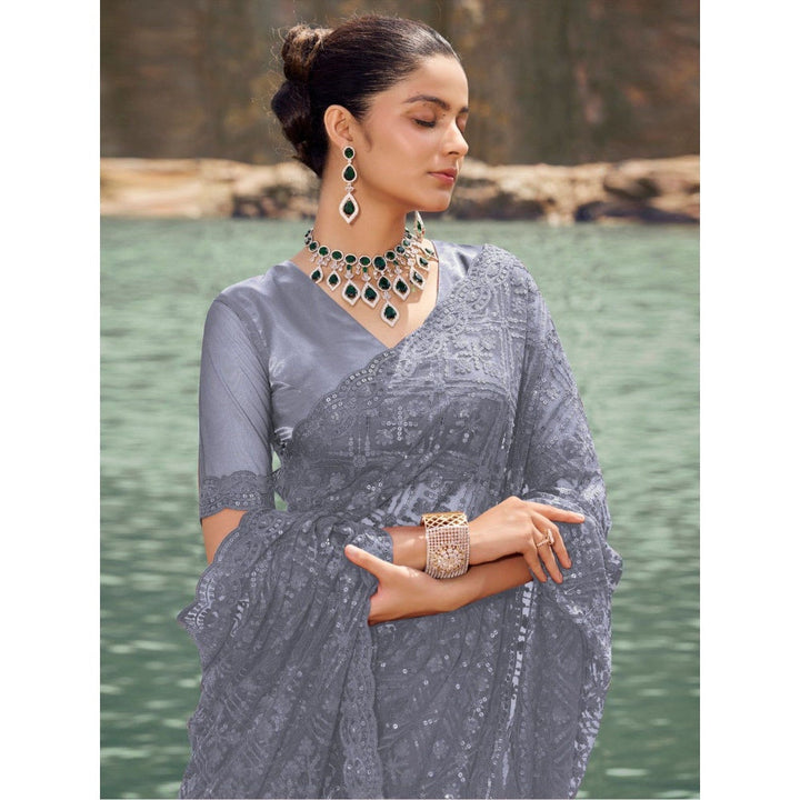 Odette Grey Embroidered Net Saree for Women with Unstitched Blouse