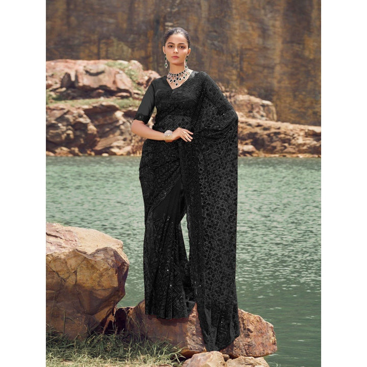 Odette Black Embroidered Net Saree for Women with Unstitched Blouse