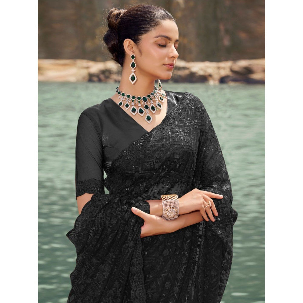 Odette Black Embroidered Net Saree for Women with Unstitched Blouse