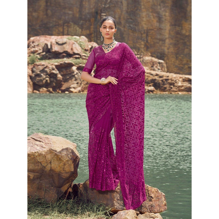 Odette Purple Embroidered Net Saree for Women with Unstitched Blouse