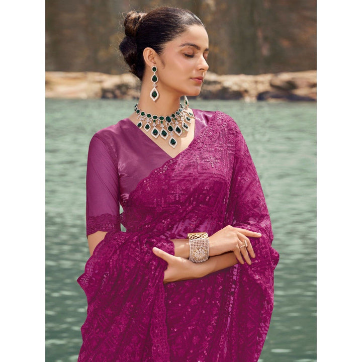 Odette Purple Embroidered Net Saree for Women with Unstitched Blouse