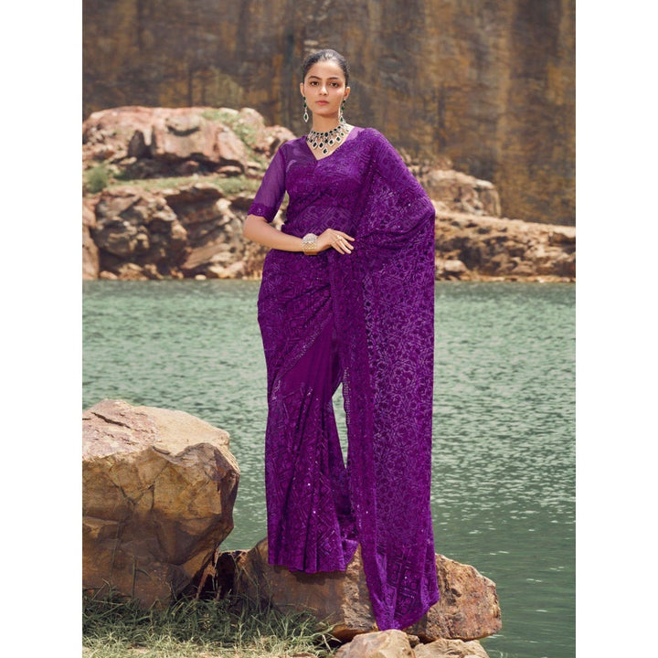 Odette Purple Embroidered Net Saree for Women with Unstitched Blouse