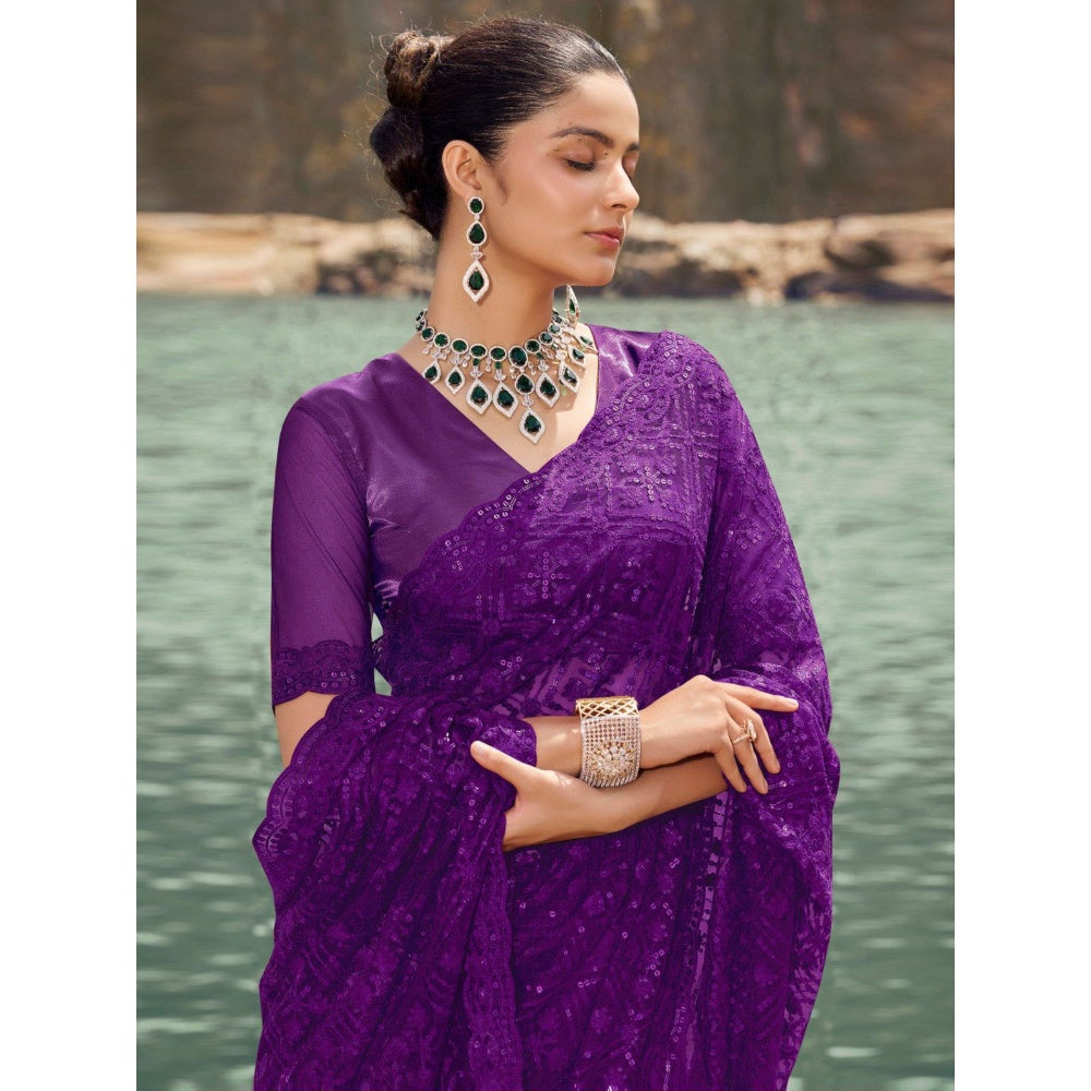 Odette Purple Embroidered Net Saree for Women with Unstitched Blouse