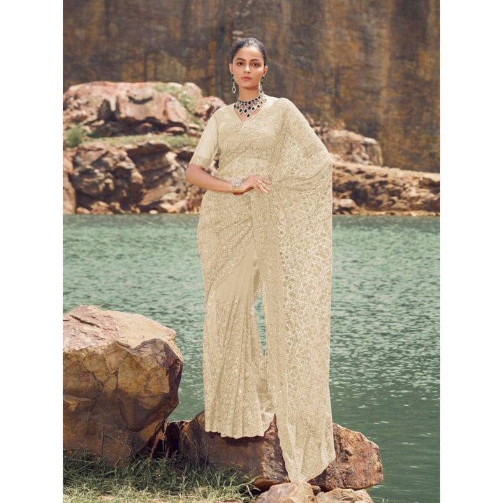 Odette Cream Embroidered Net Saree for Women with Unstitched Blouse