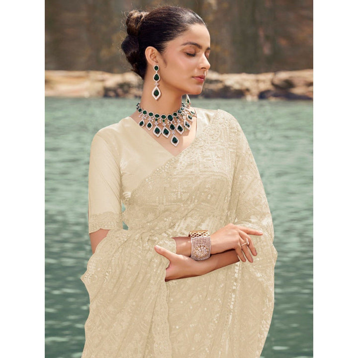 Odette Cream Embroidered Net Saree for Women with Unstitched Blouse