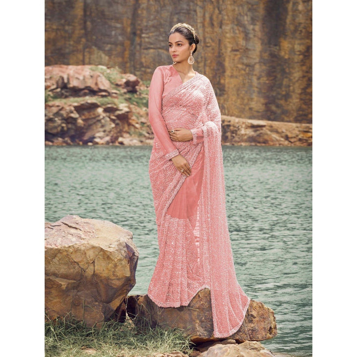 Odette Pink Embellished Net Saree for Women with Unstitched Blouse