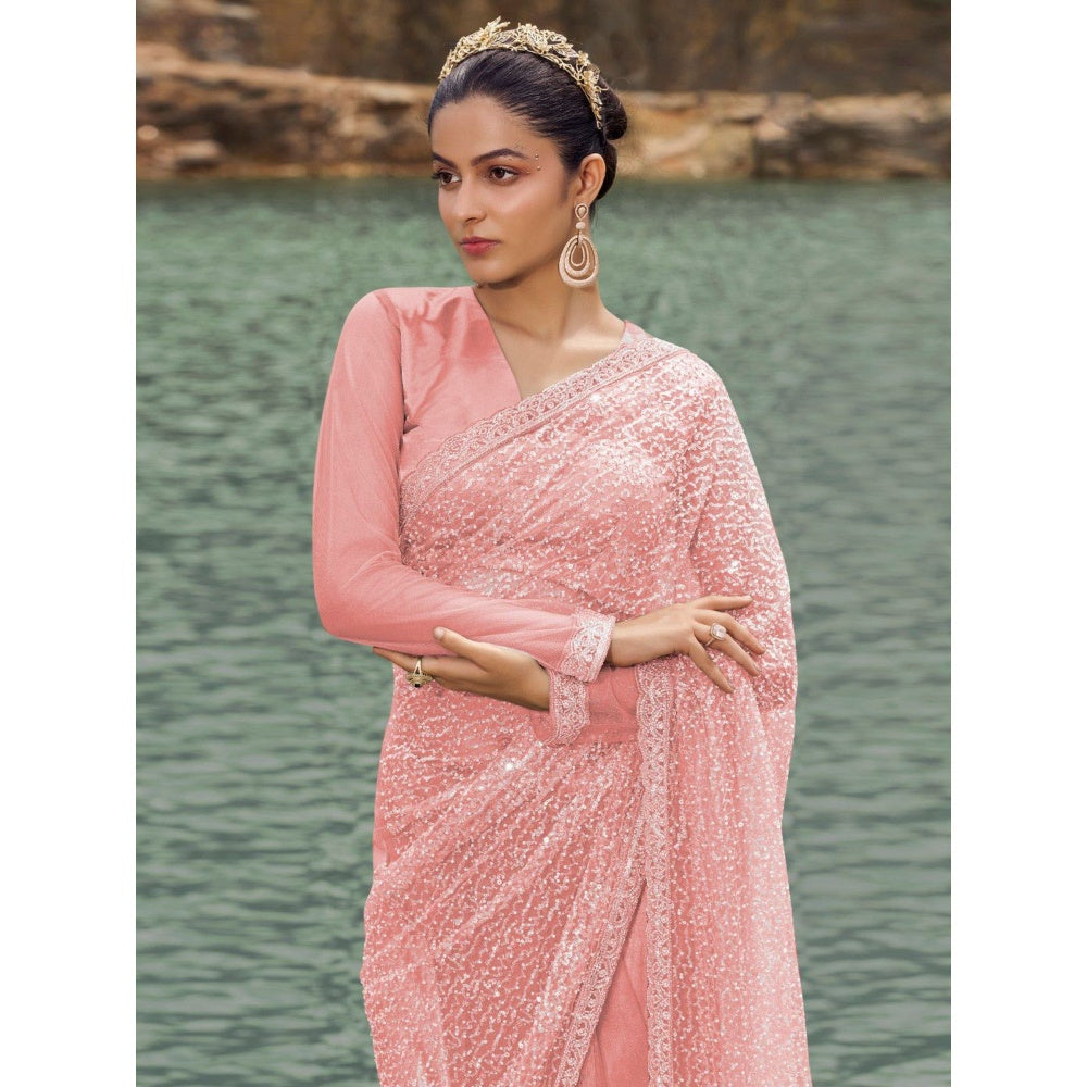 Odette Pink Embellished Net Saree for Women with Unstitched Blouse