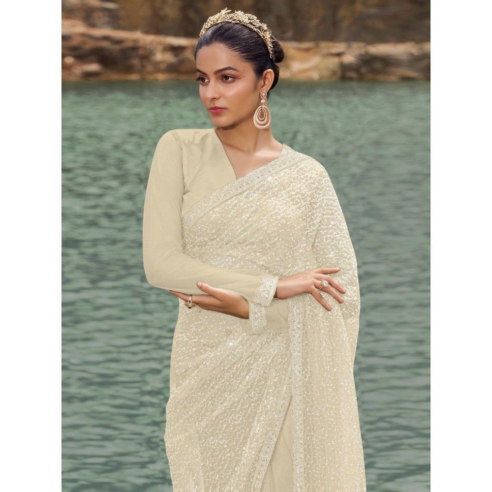 Odette Cream Embellished Net Saree for Women with Unstitched Blouse