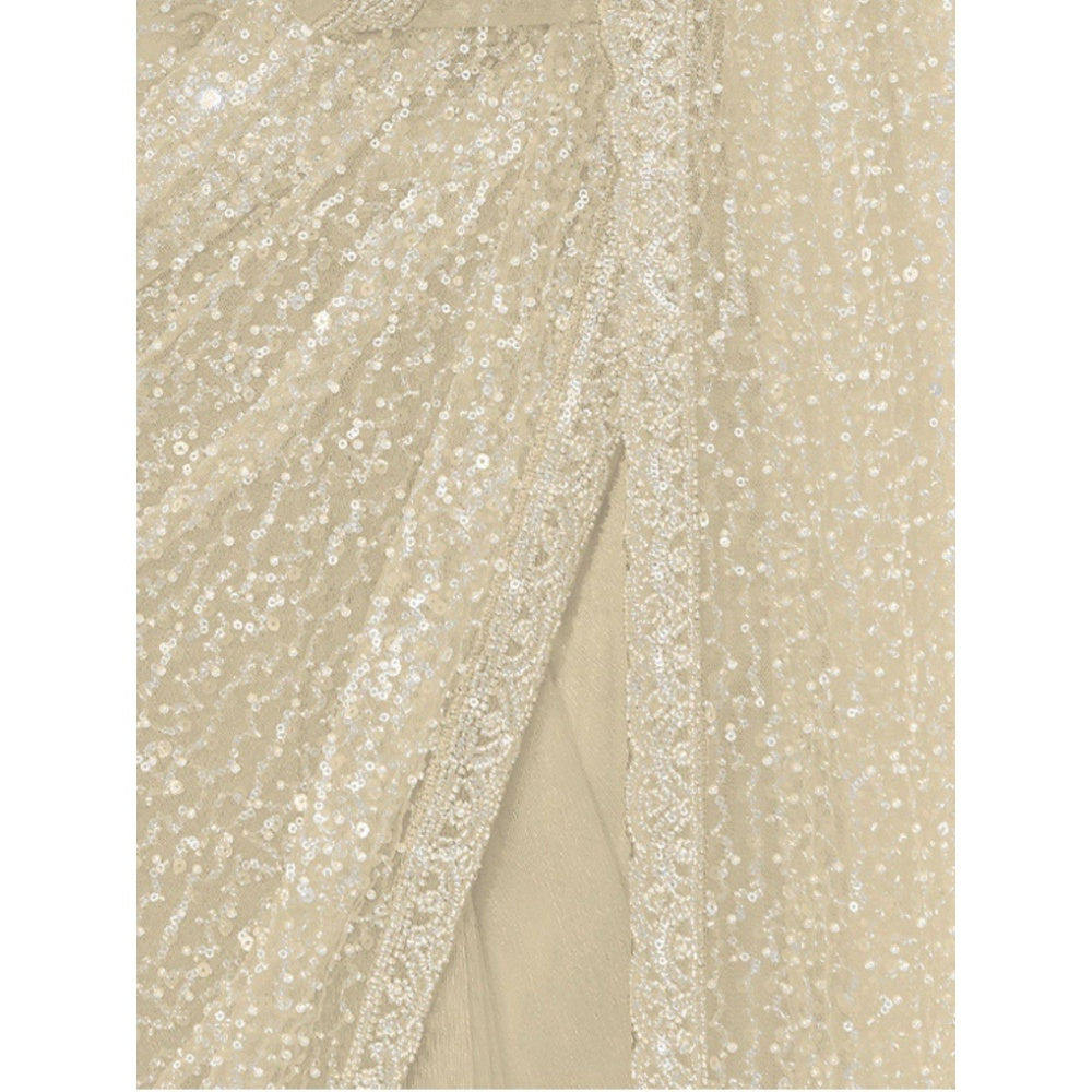 Odette Cream Embellished Net Saree for Women with Unstitched Blouse