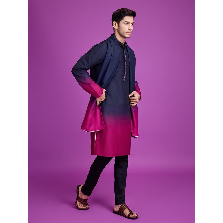 Odette Navy Blue & Pink Ombre Rayon Kurta & Dupatta (Set of 2)