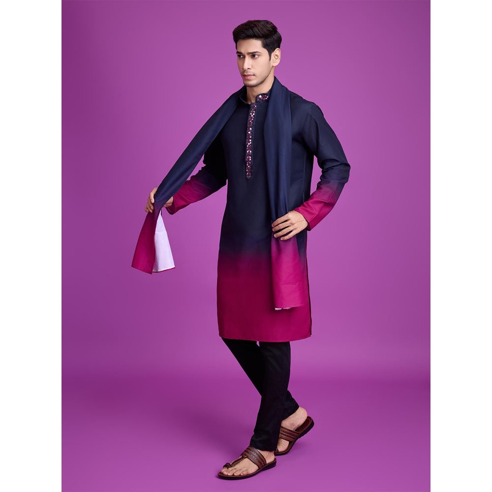 Odette Navy Blue & Pink Ombre Rayon Kurta & Dupatta (Set of 2)