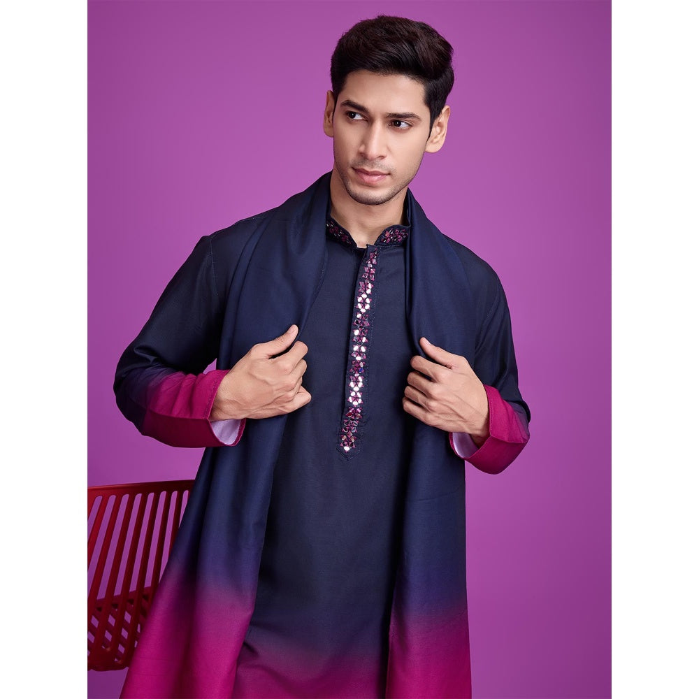 Odette Navy Blue & Pink Ombre Rayon Kurta & Dupatta (Set of 2)