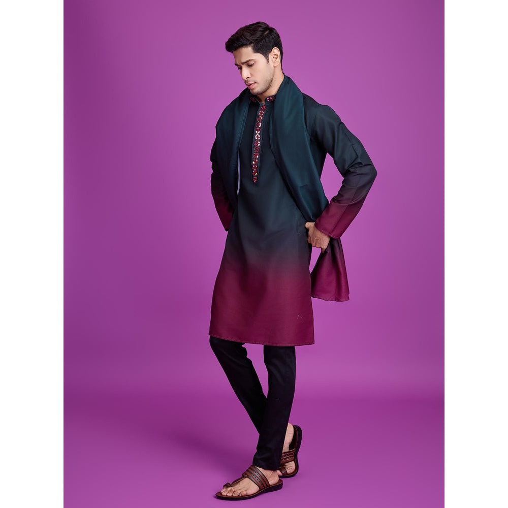 Odette Green & Maroon Ombre Rayon Kurta & Dupatta (Set of 2)