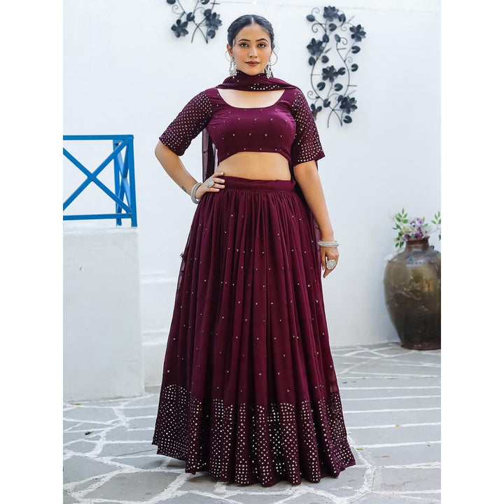 Odette Wine Semi Stitched Lehenga with Unstitched Blouse and Dupatta (Set of 3)