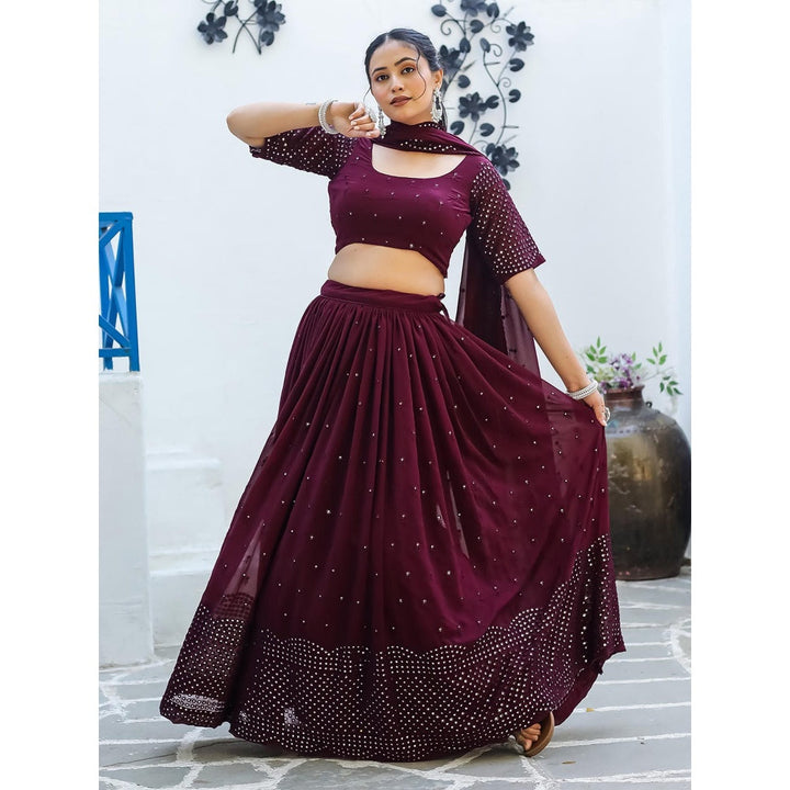 Odette Wine Semi Stitched Lehenga with Unstitched Blouse and Dupatta (Set of 3)