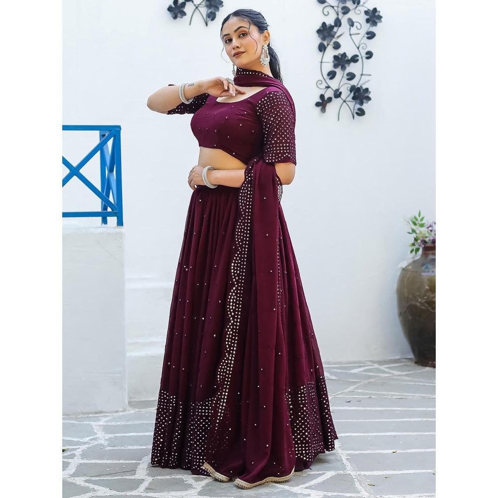 Odette Wine Semi Stitched Lehenga with Unstitched Blouse and Dupatta (Set of 3)