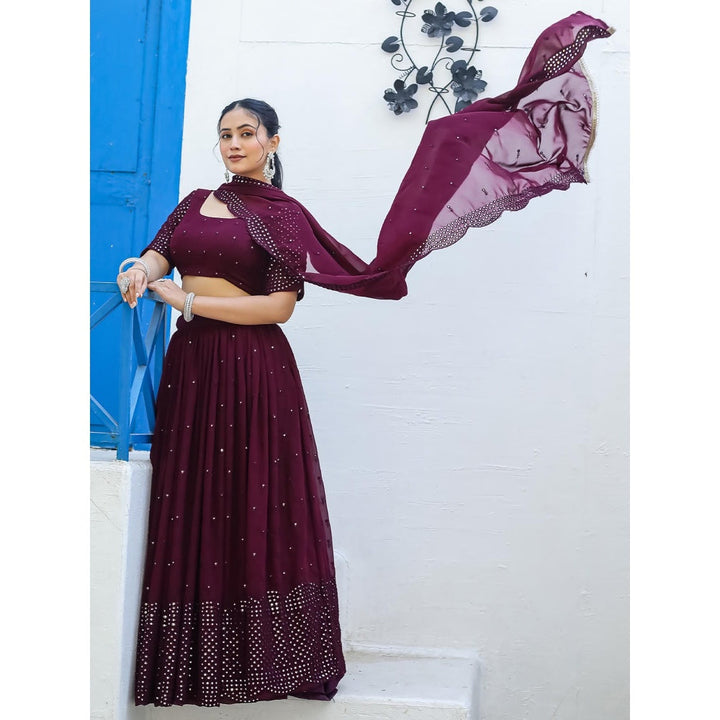 Odette Wine Semi Stitched Lehenga with Unstitched Blouse and Dupatta (Set of 3)