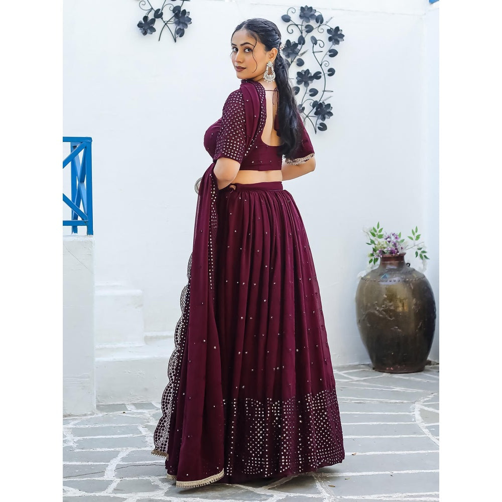 Odette Wine Semi Stitched Lehenga with Unstitched Blouse and Dupatta (Set of 3)