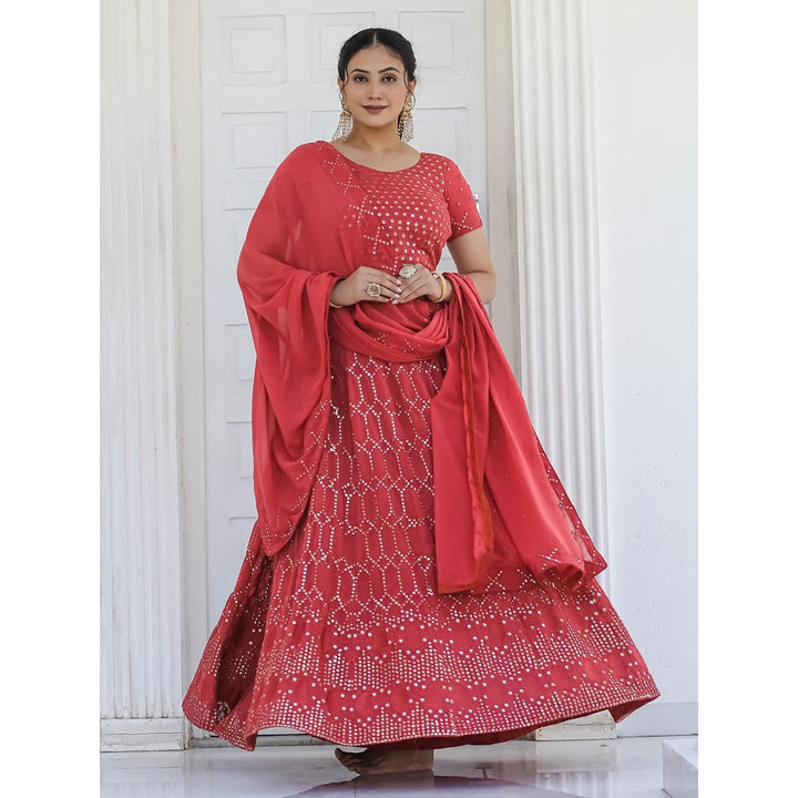 Odette Red Semi Stitched Lehenga with Unstitched Blouse and Dupatta (Set of 3)