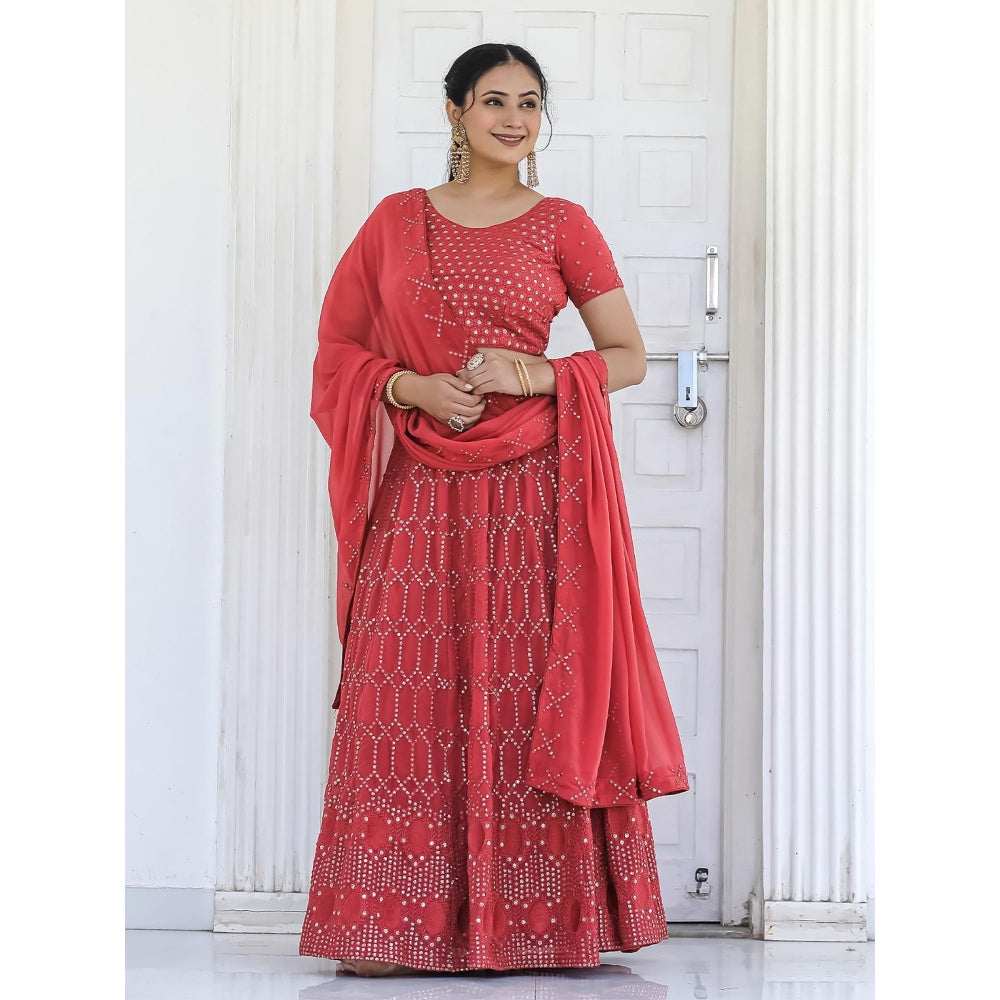 Odette Red Semi Stitched Lehenga with Unstitched Blouse and Dupatta (Set of 3)