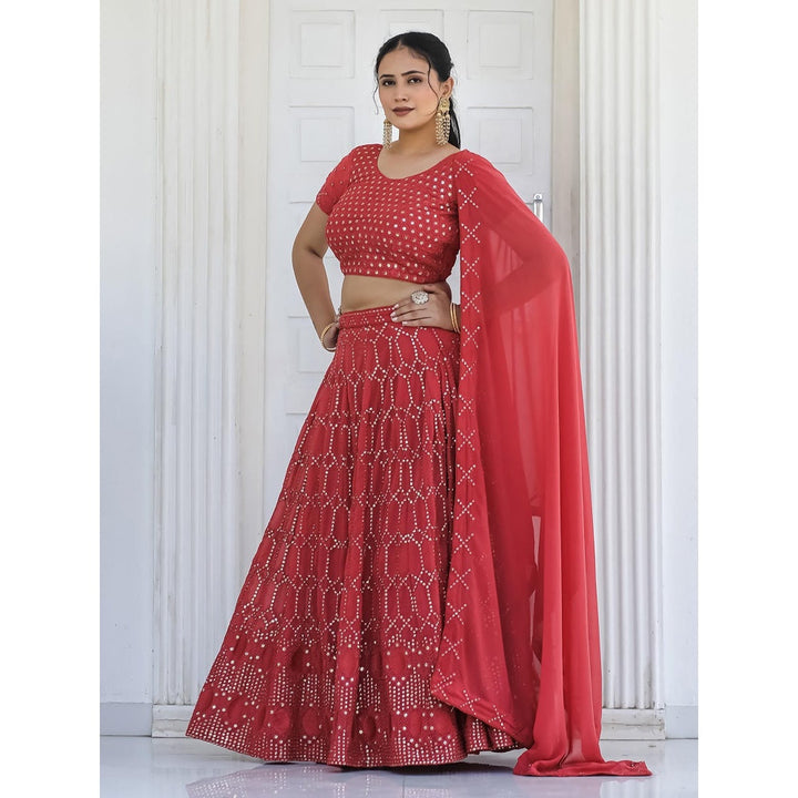 Odette Red Semi Stitched Lehenga with Unstitched Blouse and Dupatta (Set of 3)