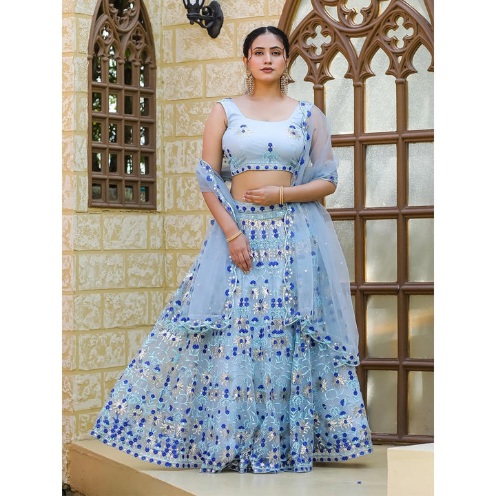 Odette Blue Net Semi Stitched Lehenga with Unstitched Blouse and Dupatta (Set of 3)