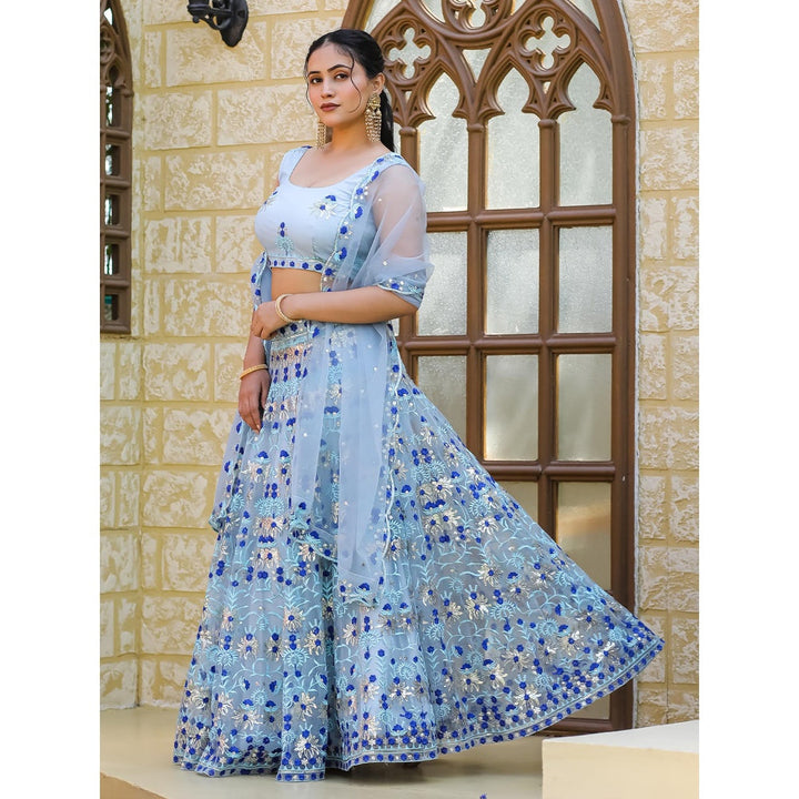 Odette Blue Net Semi Stitched Lehenga with Unstitched Blouse and Dupatta (Set of 3)