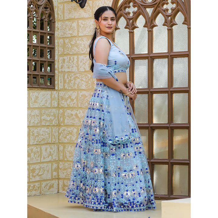 Odette Blue Net Semi Stitched Lehenga with Unstitched Blouse and Dupatta (Set of 3)