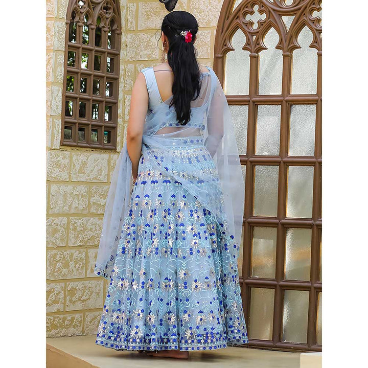 Odette Blue Net Semi Stitched Lehenga with Unstitched Blouse and Dupatta (Set of 3)