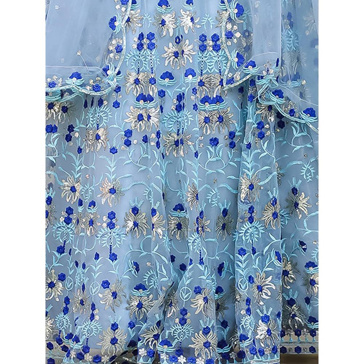 Odette Blue Net Semi Stitched Lehenga with Unstitched Blouse and Dupatta (Set of 3)