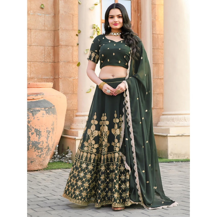 Odette Green Semi Stitched Lehenga with Unstitched Blouse and Dupatta (Set of 3)