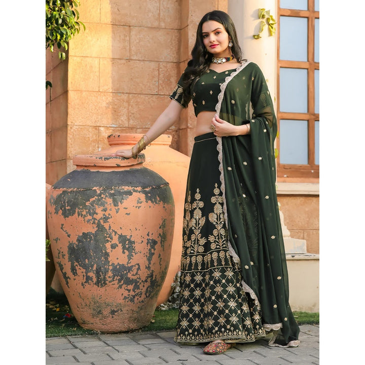 Odette Green Semi Stitched Lehenga with Unstitched Blouse and Dupatta (Set of 3)