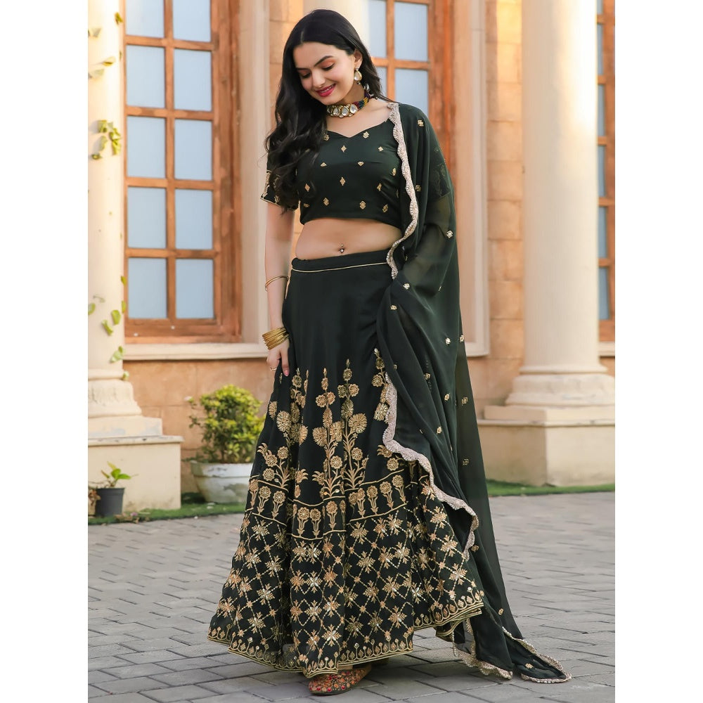 Odette Green Semi Stitched Lehenga with Unstitched Blouse and Dupatta (Set of 3)