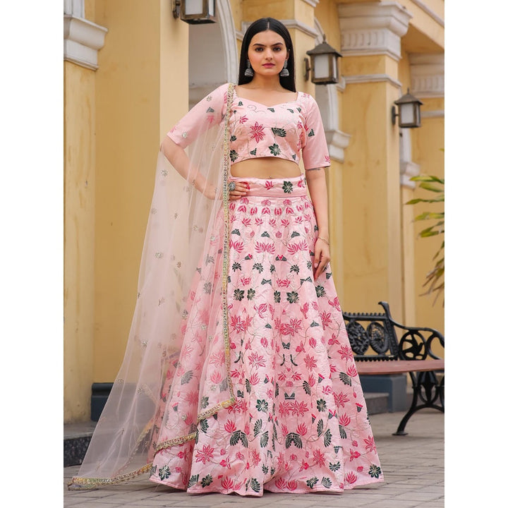 Odette Pink Silk Semi Stitched Lehenga with Unstitched Blouse and Dupatta (Set of 3)