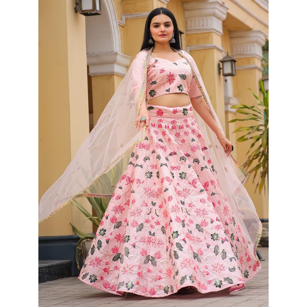 Odette Pink Silk Semi Stitched Lehenga with Unstitched Blouse and Dupatta (Set of 3)