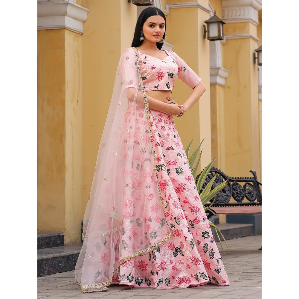 Odette Pink Silk Semi Stitched Lehenga with Unstitched Blouse and Dupatta (Set of 3)