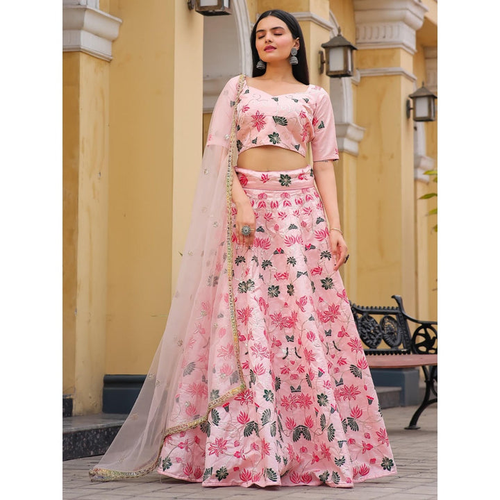 Odette Pink Silk Semi Stitched Lehenga with Unstitched Blouse and Dupatta (Set of 3)