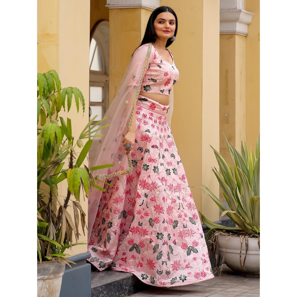 Odette Pink Silk Semi Stitched Lehenga with Unstitched Blouse and Dupatta (Set of 3)