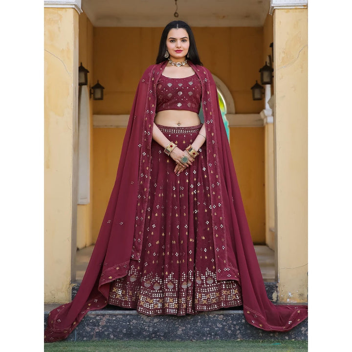 Odette Maroon Semi Stitched Lehenga with Unstitched Blouse and Dupatta (Set of 3)