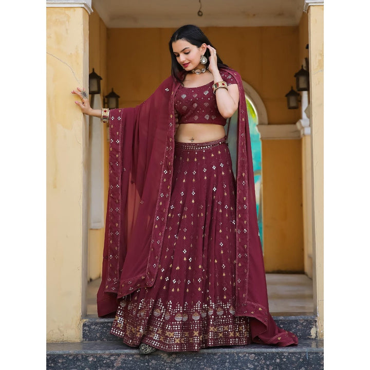 Odette Maroon Semi Stitched Lehenga with Unstitched Blouse and Dupatta (Set of 3)