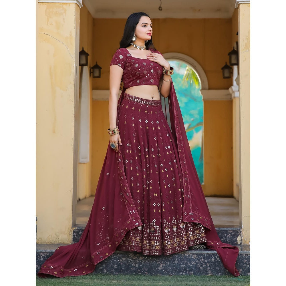 Odette Maroon Semi Stitched Lehenga with Unstitched Blouse and Dupatta (Set of 3)